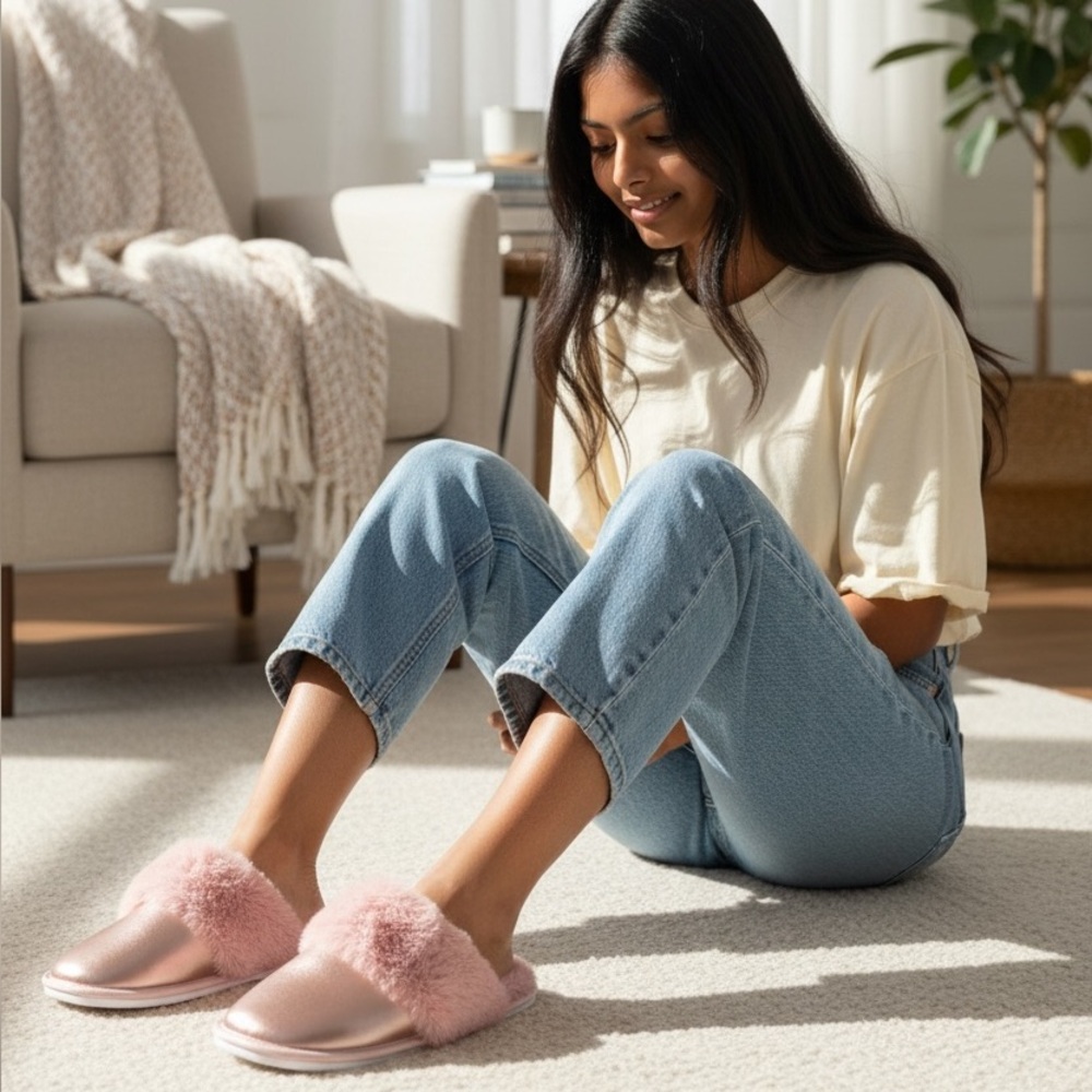 Women’s metallic Pink Fuzzy Slippers - Picture 2 of 3